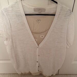 LOFT Cream Button Down Short Sleeve Cardigan with beige sequin flower tank.